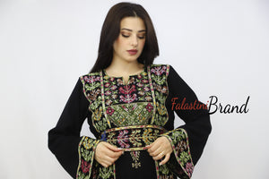 Classy Dark Black Palestinian Embroidered Thobe Dress With Multicolored Embroidery