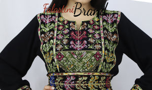 Classy Dark Black Palestinian Embroidered Thobe Dress With Multicolored Embroidery