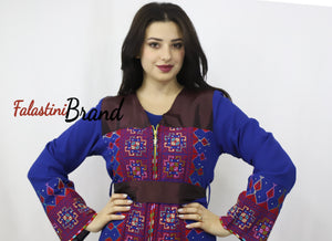 Amazing 2 Pieces Blue and Red Palestinian Embroidered Open Abaya