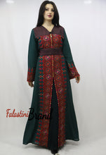 Amazing 2 Pieces Green and Red Palestinian Embroidered Open Abaya