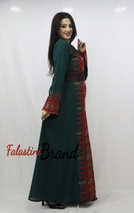 Amazing 2 Pieces Green and Red Palestinian Embroidered Open Abaya