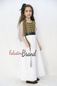 Little Girl Cloche Palestinian Golden Embroidered White Dress