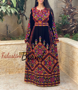 Manajil Palestinian Red Embroidered Floral Thobe Dress Palestinian Embroidery