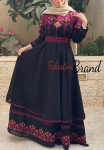 Elegant Black Palestinian Embroidered Cloche Layered Dress