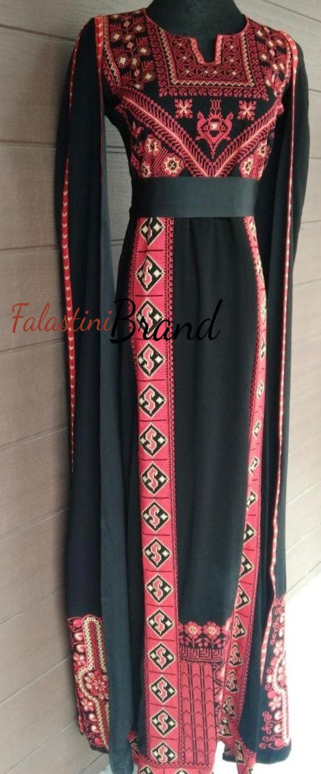 Stunning Black And Red Royal Sleeve Palestinian Embroidered Dress