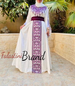 White Satin Flowy Thob Dress With Purple Gorgeous Embroidery