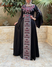 Black Satin Flowy Thob Dress With Silver Gorgeous Embroidery
