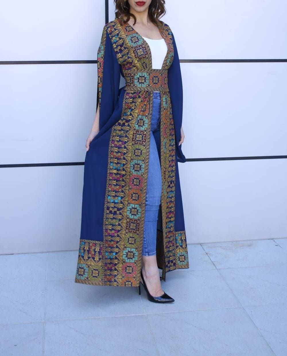 Navy Georgette Embroidered Open Abaya Kaftan Maxi Dress Long Split Sleeve 48/(XXXL) Navy Georgette Embroidered Open Abaya Kaftan Maxi Dress Long Split Sleeve 48/(XXXL)