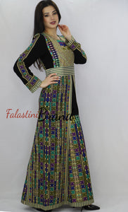 Charming Palestinian Embroidered Golden Green Thobe Dress Palestinian Embroidery