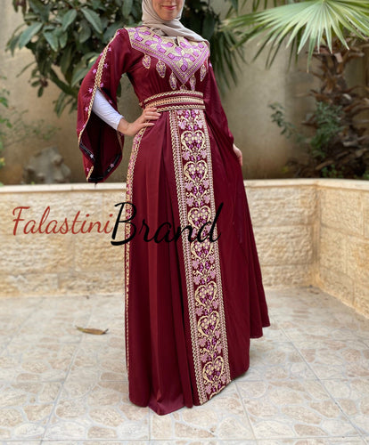 Maroon Satin Flowy Thob Dress With  Gorgeous Embroidery