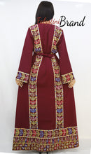 Classy Burgundy Palestinian Embroidered Thobe Dress With Multicolored Embroidery