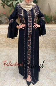 Soft Stunning Palestinian Embroidered Zipper Detail Abaya Orange Embroidery Ruffled Cu