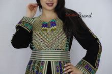 Charming Palestinian Embroidered Golden Green Thobe Dress Palestinian Embroidery