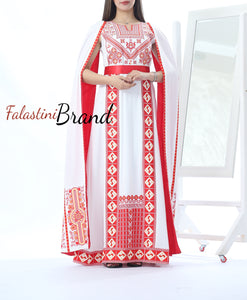 Stunning White And Red Royal Sleeve Palestinian Embroidered Dress Stunning White And Red Royal Sleeve Palestinian Embroidered Dress