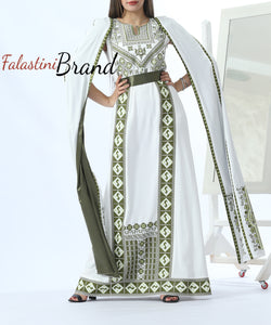 Stunning White And Green Royal Sleeve Palestinian Embroidered Dress