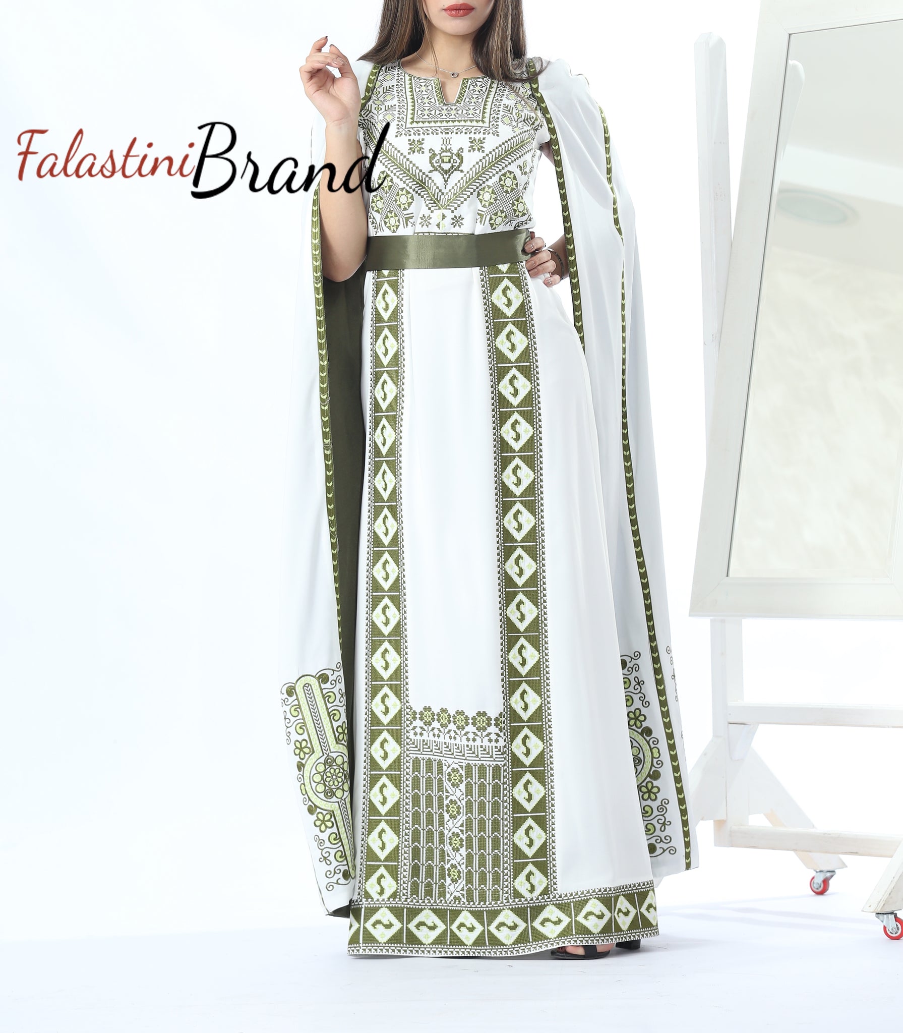 white and green embroidered dress Neelie Embroidered Mini Dress in White/Green