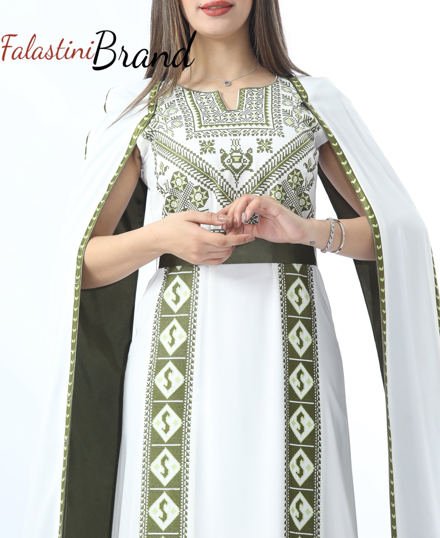 Stunning White And Green Royal Sleeve Palestinian Embroidered Dress Stunning White And Green Royal Sleeve Palestinian Embroidered Dress