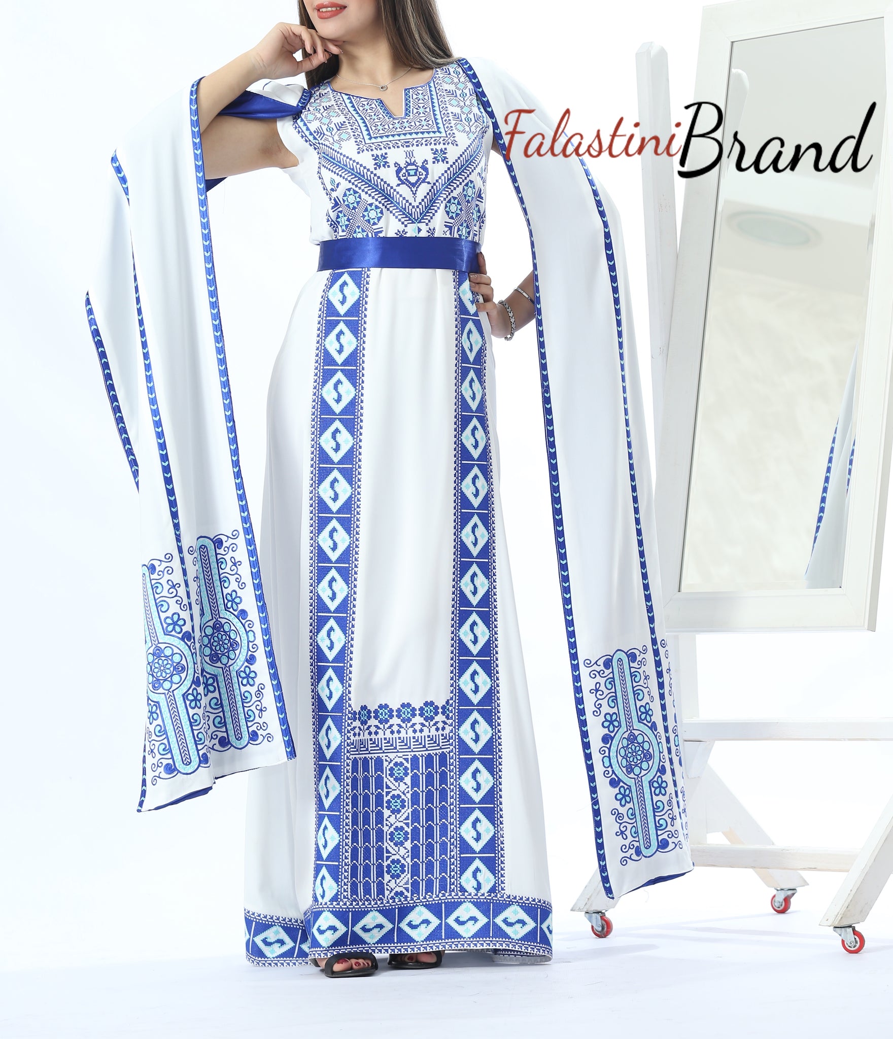 blue and white embroidered dress Floral in White/Blue Mint Julep 35.43 inches * 58% Viscose Afghan Navy Blue dress with