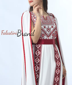 Stunning White And Burgundy Royal Sleeve Palestinian Embroidered Dress