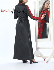 Stunning Black And Red Smooth Satin Palestinian Embroidered Abaya Dress