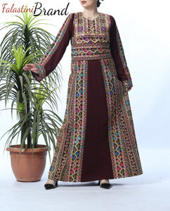 Amazing Burgundy Manajil Palestinian Embroidered Thobe Dress With Astonishing Embroidery