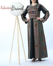 Amazing Dark Green Manajil Palestinian Embroidered Thobe Dress With Astonishing Embroidery