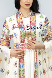 Stylish Long Tail Off-White Palestinian Embroidered Henna Dress