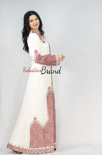 Marvelous White and Red Palestinian Embroidered Kaftan Dress