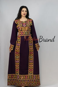 Classy Purple Palestinian Embroidered Thobe Dress With Multicolored Embroidery