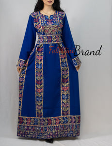 Classy Royal Blue Palestinian Embroidered Thobe Dress With Multicolored Embroidery