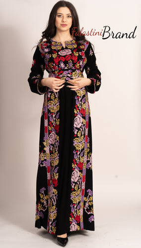 C1 Amazing Floral Palestinian Embroidered Thobe Dress Long Sleeves Cross Stitch Embroidery