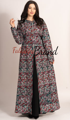 Amazing Metallic Silver Threads Palestinian Embroidered Thobe Dress Long Sleeve