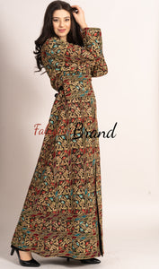 Amazing Metallic Golden Threads Palestinian Embroidered Thobe Dress Long Sleeve