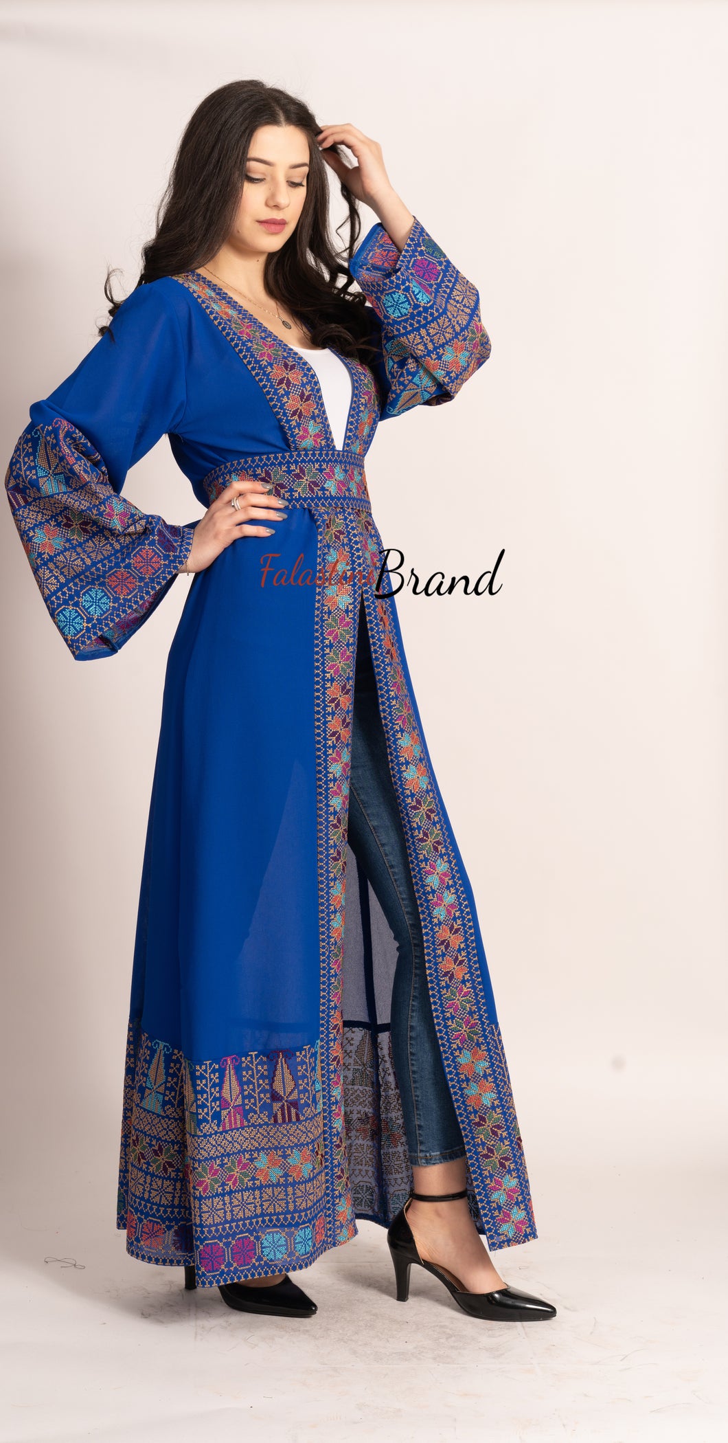 Breathtaking Palestinian Blue Georgette Embroidered Open Abaya Dress Long Sleeve With Stylish Embroidery