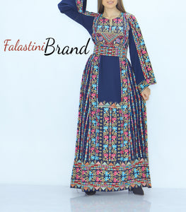 Amazing Navy Palestinian Embroidered Thobe Dress With Astonishing Embroidery