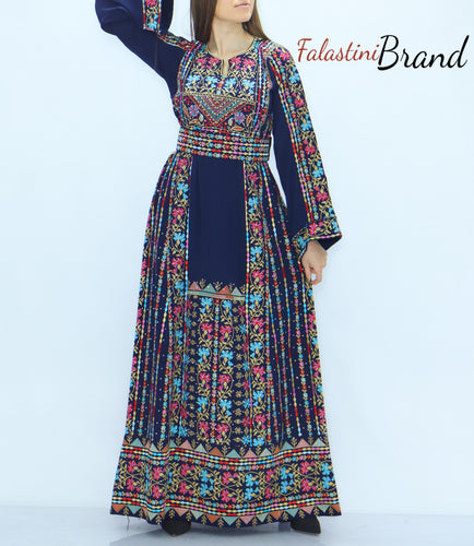 Amazing Navy Palestinian Embroidered Thobe Dress With Astonishing Embroidery