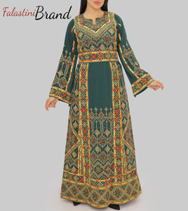 Amazing Green Palestinian Embroidered Thobe Dress With Astonishing Embroidery