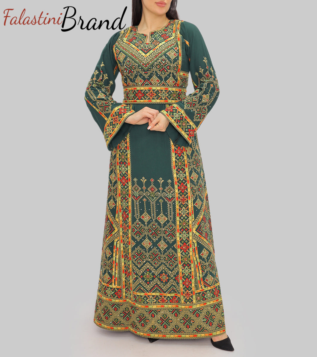 Amazing Green Palestinian Embroidered Thobe Dress With Astonishing Embroidery Amazing Green Palestinian Embroidered Thobe Dress With Astonishing Embroidery