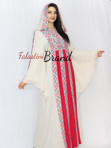Stylish Cream Color Red Stripes Palestinian Embroidered Dress Thobe