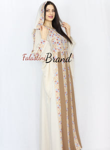Stylish Cream Color Brown Stripes Palestinian Embroidered Dress Thobe