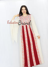 Stylish Cream Color Burgundy Stripes Palestinian Embroidered Dress Thobe