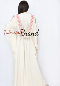 Stylish Cream Color Burgundy Stripes Palestinian Embroidered Dress Thobe