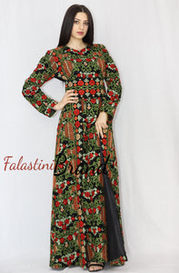 Stylish Green Floral Palestinian Embroidered Dress