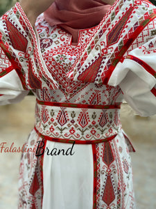 Dazzling Palestinian White Embroidered Thobe Stylish Palestinian Embroidery