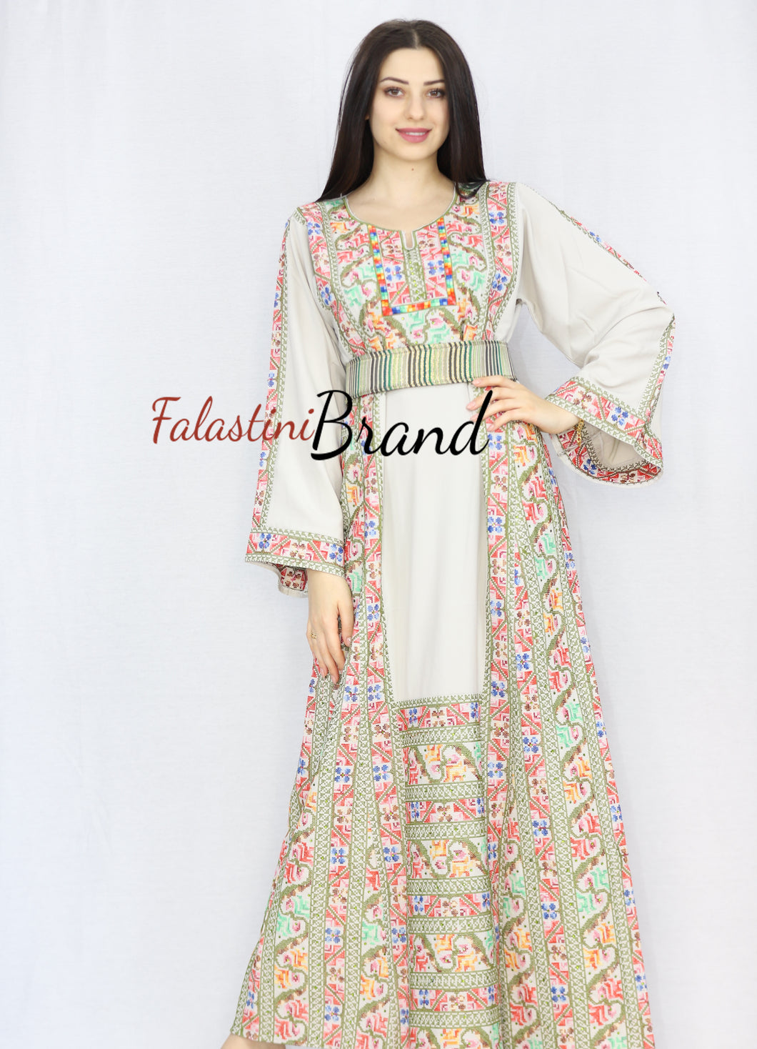 Elegant Cream Color Waves Palestinian Embroidered Dress Thobe