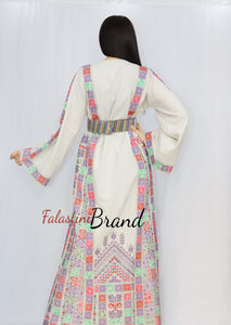 Elegant Cream Color Dark Purple Palestinian Embroidered Dress Thobe