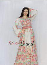 Elegant Cream Color Brown Red Palestinian Embroidered Dress Thobe
