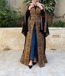 Black Golden Georgette Embroidered Open Abaya Kaftan Maxi Dress Long Split Sleeve