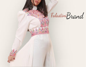 Stylish White Jumpsuit Dress Floral Palestinian Embroidery
