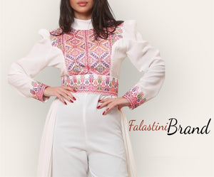 Stylish White Jumpsuit Dress Floral Palestinian Embroidery